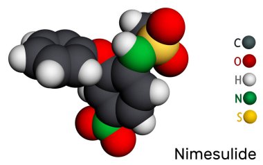 Nimesulide molekülü. Nispeten COX-2 seçici, steroid içermeyen, iltihap önleyici NSAID, akut ağrıyı tedavi etmek için kullanılır. Moleküler model. 3 boyutlu görüntüleme. Görüntü