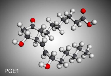 Prostaglandin E1, PGE1, alprostadil molekülü. Güçlü bir vazodilatör. Ereksiyon bozukluğunu tedavi etmek için kullanılır. Moleküler model. 3 boyutlu görüntüleme. Görüntü