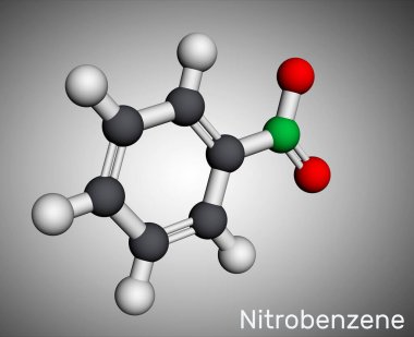 Nitrobenzen molekülü. Anilin, boya, uyuşturucu, böcek ilacı ve sentetik kauçuk moleküler modelinde kullanılır. 3 boyutlu görüntüleme. Görüntü