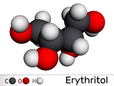 Eritritol molekülü. Şeker, alkol ya da polyol, gıda katkı maddesi, şeker ikamesi, E968. Yosun, mantar ve deniz yosunlarında bulunur. Moleküler model. 3 boyutlu görüntüleme. Görüntü
