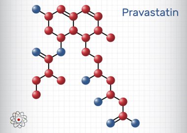 Pravastatin molekülü. Statin, antikolesteremik ilaç, lipit seviyelerini düşürmek için kullanılır, miyokardiyal enfarktüs riskini azaltmak için, felç. Molekül modeli. Kafesteki bir kağıt parçası. Vektör illüstrasyonu
