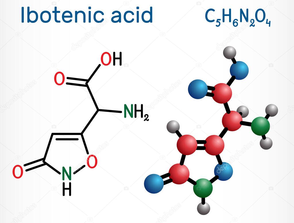 Ibotenic acid psychoactive drug molecule. It is non-proteinogenic alpha-amino acid, neurotoxin. Is found in AMANITA mushrooms. Structural chemical formula, molecule model. Vector illustration