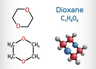 Dioksan (1,4-Dioksan) molekülü. Temel olarak kimyasalların üretiminde çözücü olarak kullanılır. Yapısal kimyasal formül ve molekül modeli. Vektör illüstrasyonu