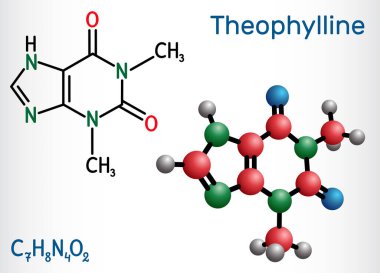 Teofilin ya da 1,3-dimetilksantin molekülü. Saf alkaloit, dimetilksantin, ksentinin türevi. Damar genişletici, bronkodilatör, astım, antiinflamatuar ilaç. Yapısal formül, molekül modeli. Vektör 