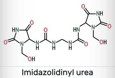 Imidazolidinyl urea, imidurea molekülü. Kozmetik ve formaldehit salınımında kullanılan mikrop önleyici. İskelet kimyasal formülü. Vektör illüstrasyonu