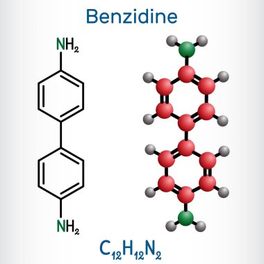 Benzidine molekülü. Aromatik amindir, kanın tespiti ve boya üretiminde bir ayıraç olarak kullanılır. Yapısal kimyasal formül, molekül modeli. Vektör illüstrasyonu