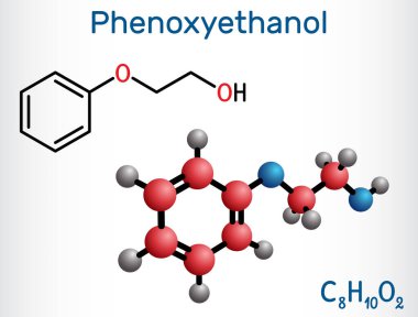 Fenokyetanol birincil alkol molekülü. Glikol eter, antienfeksiyon faktörü, koruyucu, antiseptik, çözücü. Yapısal kimyasal formül, molekül modeli. Vektör illüstrasyonu