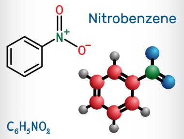 Nitrobenzen molekülü. Anilin, boya, uyuşturucu, böcek ilacı ve sentetik kauçuk üretiminde kullanılır. Yapısal kimyasal formül, molekül modeli. Vektör illüstrasyonu