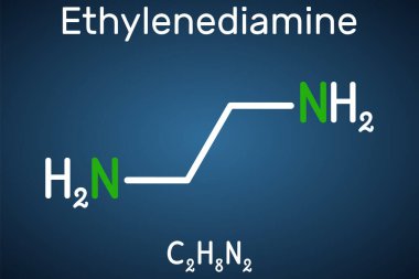 Etil lendiamin C2H8N2 molekülü. Birçok kimyasal ürünün üretimi için temel amine, polietilen amine, yapı bloğu. Koyu mavi arkaplanda yapısal kimyasal formül. Vektör illüstrasyonu