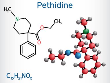 Pethidine, meperidin molekülü. Ağrı kesici ve ağrı kesici özellikleri olan bir opioid agonisti. Ilımlı ve şiddetli ağrıyı kontrol etmek için kullanılır. Yapısal kimyasal formül, molekül modeli. Vektör illüstrasyonu