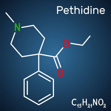 Pethidine, meperidin molekülü. Ağrı kesici ve ağrı kesici özellikleri olan bir opioid agonisti. Ilımlı ve şiddetli ağrıyı kontrol etmek için kullanılır. Koyu mavi arkaplanda yapısal kimyasal formül. Vektör illüstrasyonu