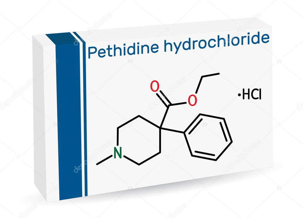 Pethidine hydrochloride, pethidine, meperidin molecule. It is opioid agonist with analgesic and sedative properties. Skeletal chemical formula. Paper packaging for drugs. Vector illustration