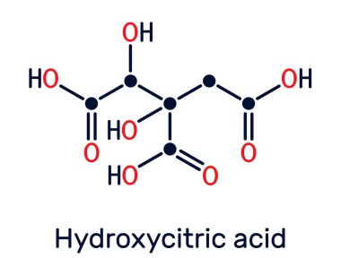 Hidroksisitrik asit, HCA molekülü. Sitrik asitin türevi, tropikal bitkiler Garcinia cambogia, Hibiscus sabdariffa 'da bulunur. İskelet kimyasal formülü. Vektör illüstrasyonu