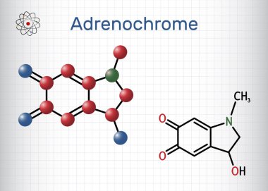 Adrenokrom, adraxone molekülü. Adrenalin oksitlenmesiyle oluşur. Yapısal kimyasal formül ve molekül modeli. Kafesteki bir kağıt parçası. Vektör illüstrasyonu