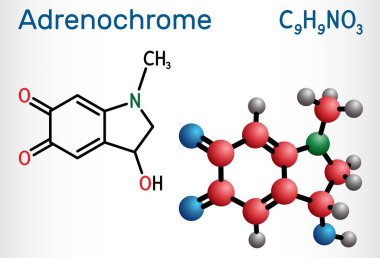 Adrenokrom, adraxone molekülü. Adrenalin oksitlenmesiyle oluşur. Yapısal kimyasal formül ve molekül modeli. Vektör illüstrasyonu