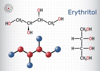 Eritritol molekülü. Şeker, alkol ya da polyol, gıda katkı maddesi, şeker ikamesi, E968. Yapısal kimyasal formül, molekül modeli. Kafesteki bir kağıt parçası. Vektör illüstrasyonu