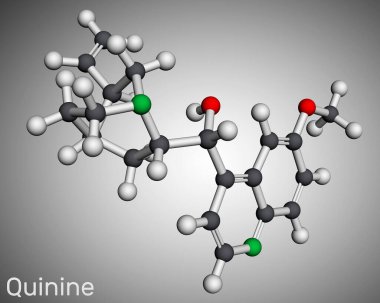 Kinin molekülü. Sıtma ve babesiyozun tedavisinde kullanılan cinchona ağacının kabuğundan elde edilen doğal bir alkaloittir. Moleküler model. 3 boyutlu görüntüleme. Görüntü