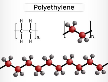 Polietilen, politen, beden eğitimi, polietilen, polietilen molekülü. Etilen polimeridir, en yaygın plastiktir. Yapısal kimyasal formül ve molekül modeli. Vektör illüstrasyonu