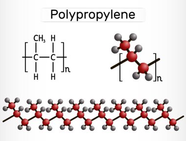 Polipropilen (PP), polipropene molekülü. Propilenin termoplastik polimeri. Yapısal kimyasal formül ve molekül modeli. Vektör illüstrasyonu