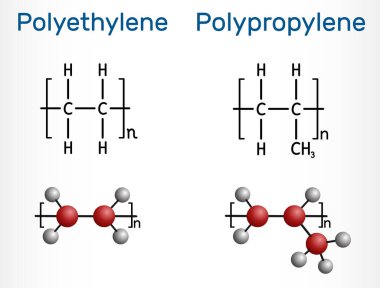 Polipropilen (PP, polipropene) ve polietilen (politen, PE, polietilen) molekülleri. Yapısal kimyasal formül ve polimerlerin molekül modeli. Vektör illüstrasyonu