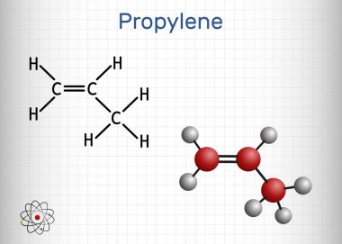 Propene, propilen molekülü. Çift bağ ile doymamış organik bileşik olan alken sınıfı hidrokarbonların en basit üyesidir. Kafesteki bir kağıt parçası. Vektör illüstrasyonu