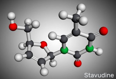 Stavudine, d4T molekülü. HIV enfeksiyonunun tedavisinde kullanılan dideoksinükleozittir ve bağışıklık yetmezliği sendromu AIDS 'i kapmıştır. Moleküler model. 3 boyutlu görüntüleme. Görüntü