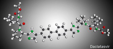 Daclatasvir, molekül. Belirli hepatit C virüslerinin (HCV) tedavisinde kullanılan doğrudan etki gösteren antiviral bir maddedir. Moleküler model. 3B görüntüleme