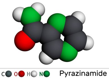 Pyrazinamide, molekül. Tüberküloz (tüberküloz) tedavisinde kullanılan bir antitüberküloz maddesi. Moleküler model. 3 boyutlu görüntüleme. Görüntü