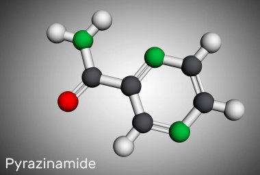 Pyrazinamide, molekül. Tüberküloz (tüberküloz) tedavisinde kullanılan bir antitüberküloz maddesi. Moleküler model. 3 boyutlu görüntüleme. Görüntü