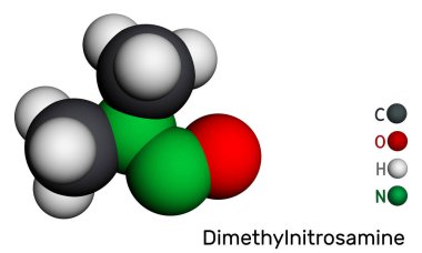 N-Nitrosodimetilamin, NDMA, dimetilnitrosamin, DMN molekülü. Bu insan kanserojeni, zehir. Moleküler model. 3 boyutlu görüntüleme. Görüntü