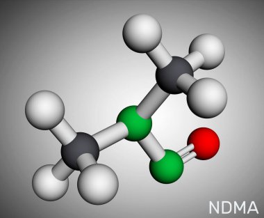 N-Nitrosodimetilamin, NDMA, dimetilnitrosamin, DMN molekülü. Bu insan kanserojeni, zehir. Moleküler model. 3 boyutlu görüntüleme. Görüntü