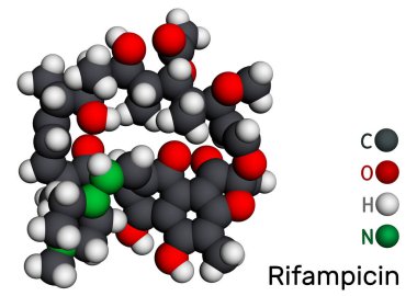 Rifampicin, rifampin molekülü. Mikobakteriyel enfeksiyonları, cüzzamlılığı, tüberkülozu ve Mycobacterium avium kompleksini tedavi etmek için kullanılan yarı sentetik bir antibiyotiktir. Moleküler model. 3 boyutlu görüntüleme. Görüntü