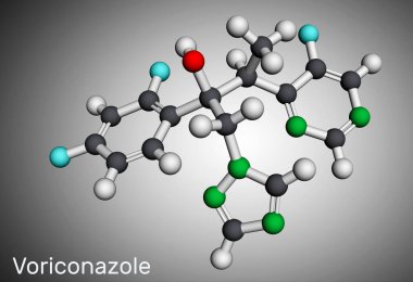 Voriconazole, molekül. Mantar enfeksiyonunu tedavi etmek için kullanılan triazol anti-mantar ilacı. Moleküler model. 3 boyutlu görüntüleme. Görüntü