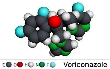 Voriconazole, molekül. Mantar enfeksiyonunu tedavi etmek için kullanılan triazol anti-mantar ilacı. Moleküler model. 3 boyutlu görüntüleme. Görüntü
