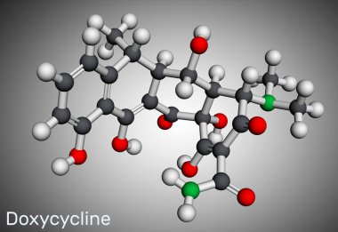 Doxycycline molekülü. Geniş spektrumlu tetrasiklin antibiyotiği. Çok çeşitli bakteriyel enfeksiyonların tedavisinde kullanılır. Moleküler model. 3 boyutlu görüntüleme. Görüntü