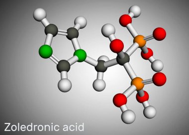 Zoledronik asit, zoledronat molekülü. Birkaç kemik hastalığını tedavi etmek için kullanılan bifosfonat. Moleküler model. 3 boyutlu görüntüleme. Görüntü