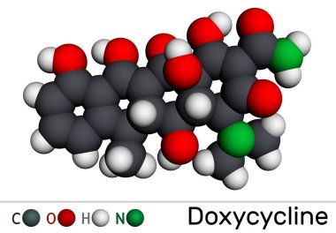 Doxycycline molekülü. Geniş spektrumlu tetrasiklin antibiyotiği. Çok çeşitli bakteriyel enfeksiyonların tedavisinde kullanılır. Moleküler model. 3 boyutlu görüntüleme. Görüntü