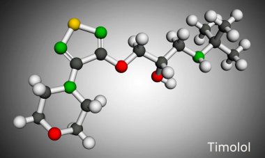 Timolol, molekül. Göz içi yüksek tansiyon ve glokom tedavisinde kullanılan seçici olmayan bir beta bloker ilacıdır. Moleküler model. 3 boyutlu görüntüleme. Görüntü