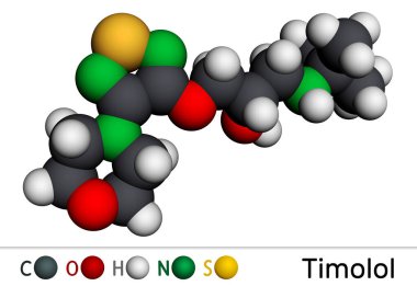 Timolol, molekül. Göz içi yüksek tansiyon ve glokom tedavisinde kullanılan seçici olmayan bir beta bloker ilacıdır. Moleküler model. 3 boyutlu görüntüleme. Görüntü