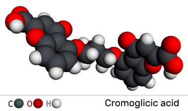 Cromoglisic asit, cromolyn, cromoglikat, cromogcopy molekülü. Astımın tedavisinde kullanılan antihistamin ilacı. Göz ve burun alerjik reaksiyonları. Moleküler model. 3 boyutlu görüntüleme. Görüntü