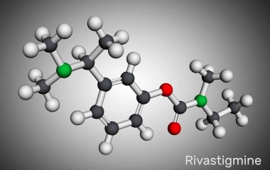 Rivastigmine molekülü. Asetilkolinesteraz inhibitörü. Bunama, Alzheimer, Parkinson hastalıkları için kullanılır. Moleküler model. 3 boyutlu görüntüleme. Görüntü