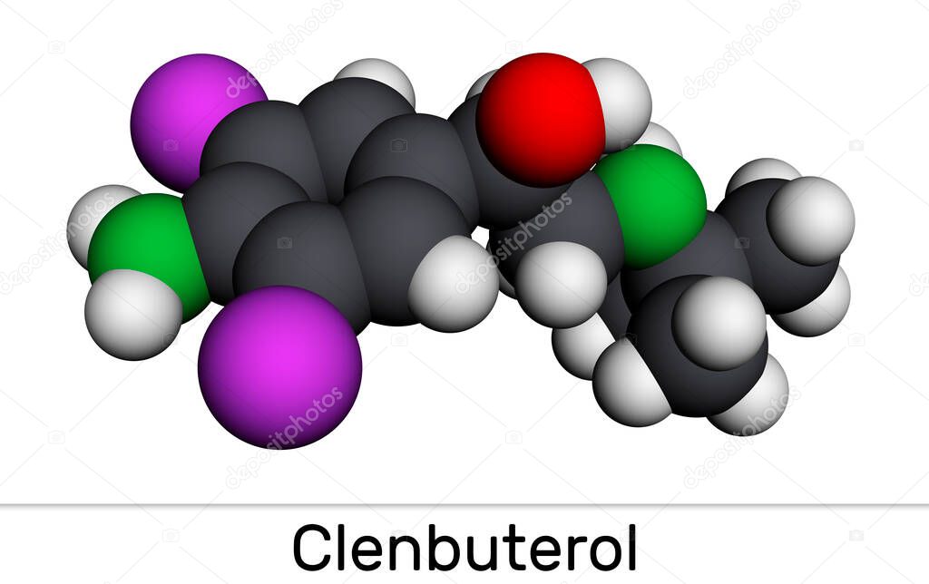 Clenbuterol molecule. It is sympathomimetic amine, decongestant and bronchodilator, used in respiratory conditions, in asthma. Molecular model. 3D rendering. Illustration