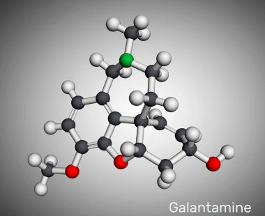Galantamine, molekül. Üçüncü dereceden alkaloit. Bunama ve Alzheimer hastalıklarında kullanılır. Moleküler model. 3 boyutlu görüntüleme. Görüntü