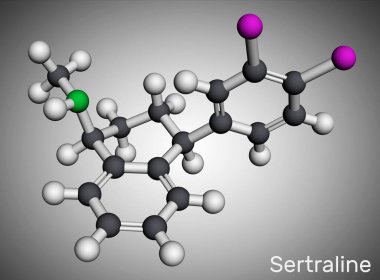 Sertraline molekülü. Antidepresan, depresif bozuklukları, sosyal anksiyete bozukluklarını, diğer psikiyatrik durumları, moleküler modelleri tedavi etmek için kullanılır. 3 boyutlu görüntüleme. Görüntü