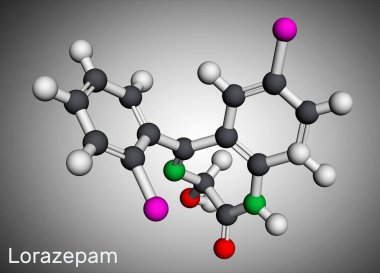 Lorazepam, molekül. Sakinleştirici ve anksiyete özelliklerine sahip benzodiazepin. Panik bozukluklarını, şiddetli anksiyete ve nöbetleri tedavi etmek için kullanılır. Moleküler model. 3 boyutlu görüntüleme. Görüntü