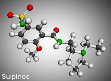 Kükürt molekülü. Şizofreni tedavisi için antipsikotik, nöroleptik bir ilaç. Moleküler model. 3 boyutlu görüntüleme. Görüntü