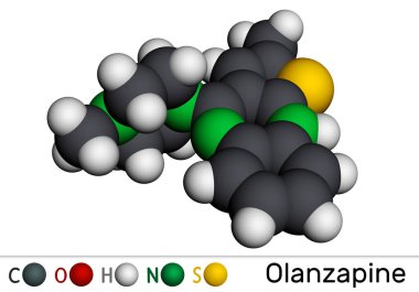 Olanzapine molekülü. Şizofreni ve bipolar bozukluk tedavisi için kullanılan atipik bir antipsikotik ilaç. Moleküler model. 3 boyutlu görüntüleme. Görüntü 