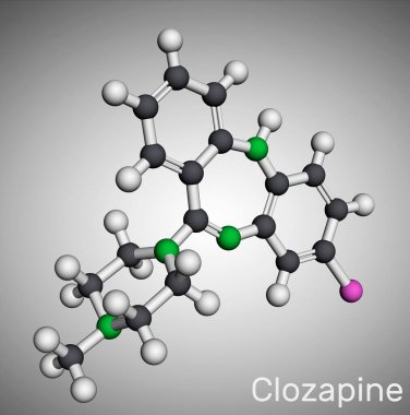 Klozapin molekülü. Dibenzodiazepin, atipik antipsikotik, nöroeptik. Tedaviye dayanıklı şizofrenide kullanılır. Moleküler model. 3 boyutlu görüntüleme. Görüntü
