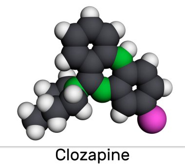 Klozapin molekülü. Dibenzodiazepin, atipik antipsikotik, nöroeptik. Tedaviye dayanıklı şizofrenide kullanılır. Moleküler model. 3 boyutlu görüntüleme. Görüntü