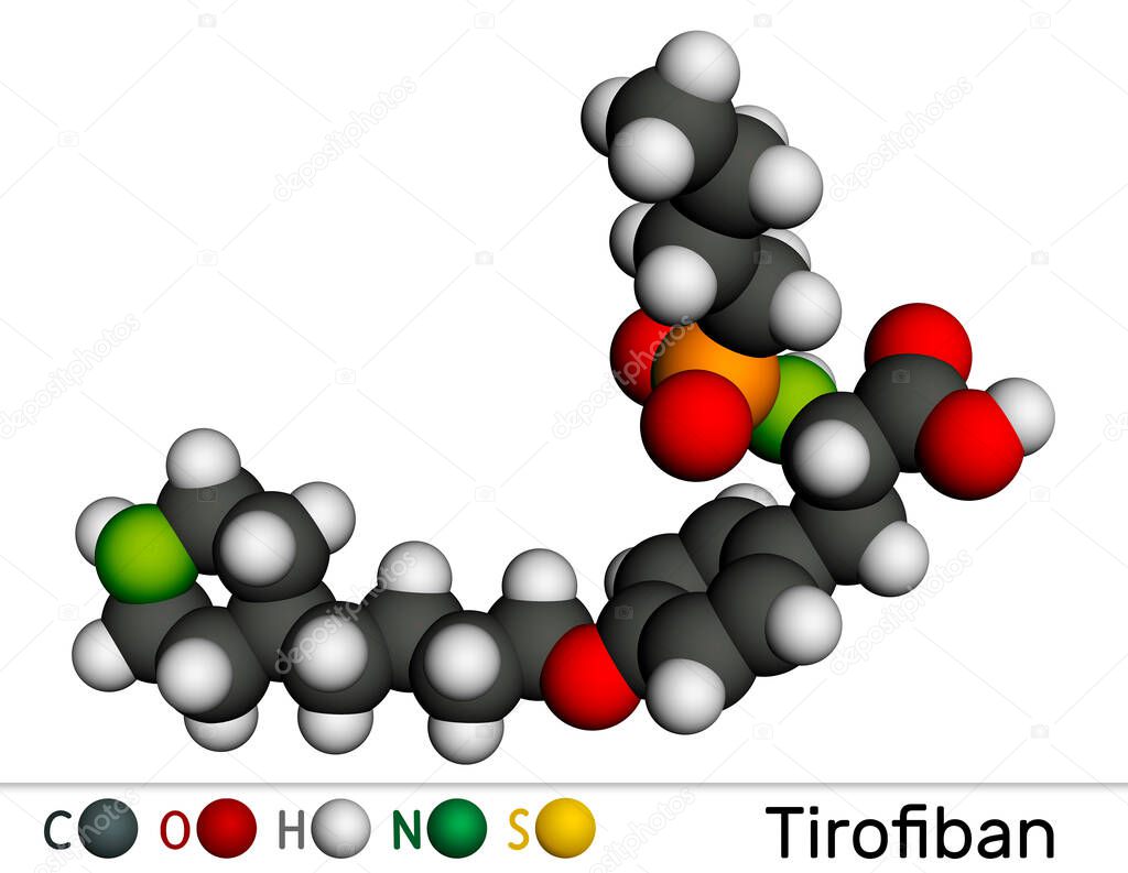 Tirofiban molecule. It is non-peptide tyrosine derivative, with anticoagulant activity, prevents the blood from clotting. Molecular model. 3D rendering. Illustration